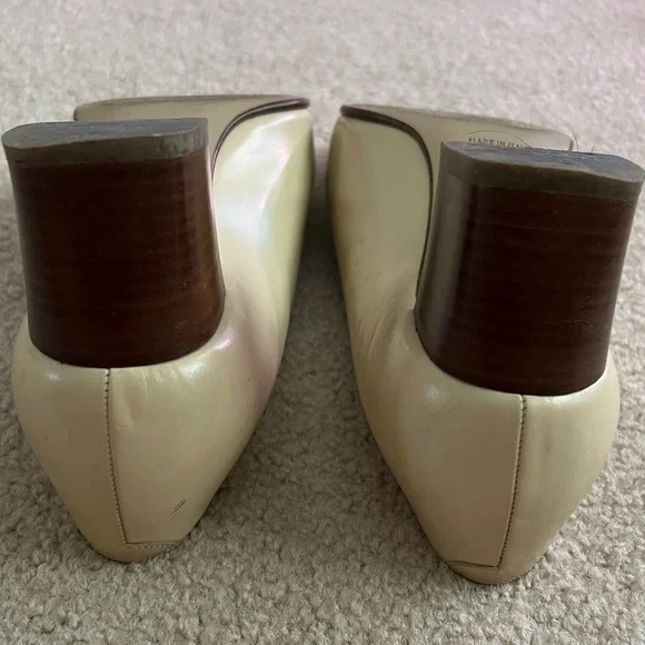 Celine Cream Leather Square-Toe Pumps with Gold Logo Plaque - Picture 10 of 12